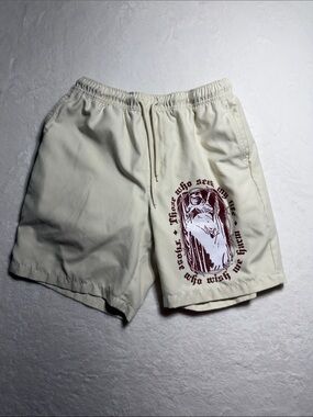 Empyre Cream Swim Shorts with Maroon Graphic